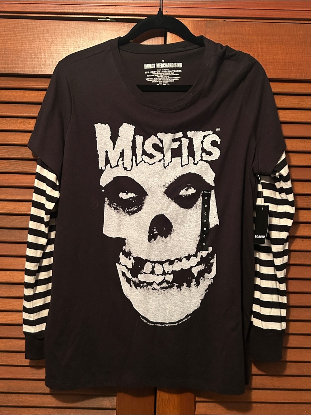 NWT Misfits Black & White Striped Sleeve Band Fiend Skull Graphic Tee Torrid L